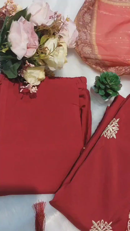 The Lady Crown – Premium Roman Silk Maroon Suit Set with All-Over Embroidery & Printed Dupatta (3-Piece)